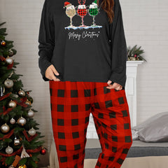 Plus Size String Lights Long Sleeve Tee & Plaid Pants Pajamas Set