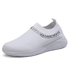 Women's Breathable Knit Sneakers Low Top Faux Rhinestone Casual Shoes