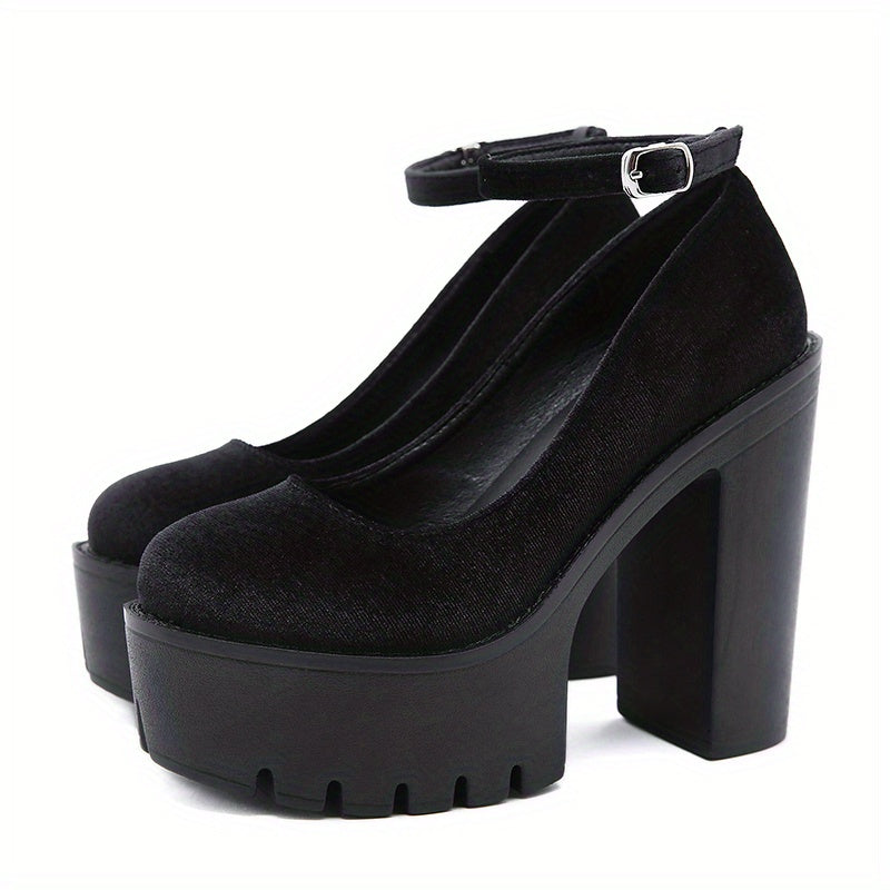 Block Heeled Platform Shoes Ankle Strap Solid Pumps