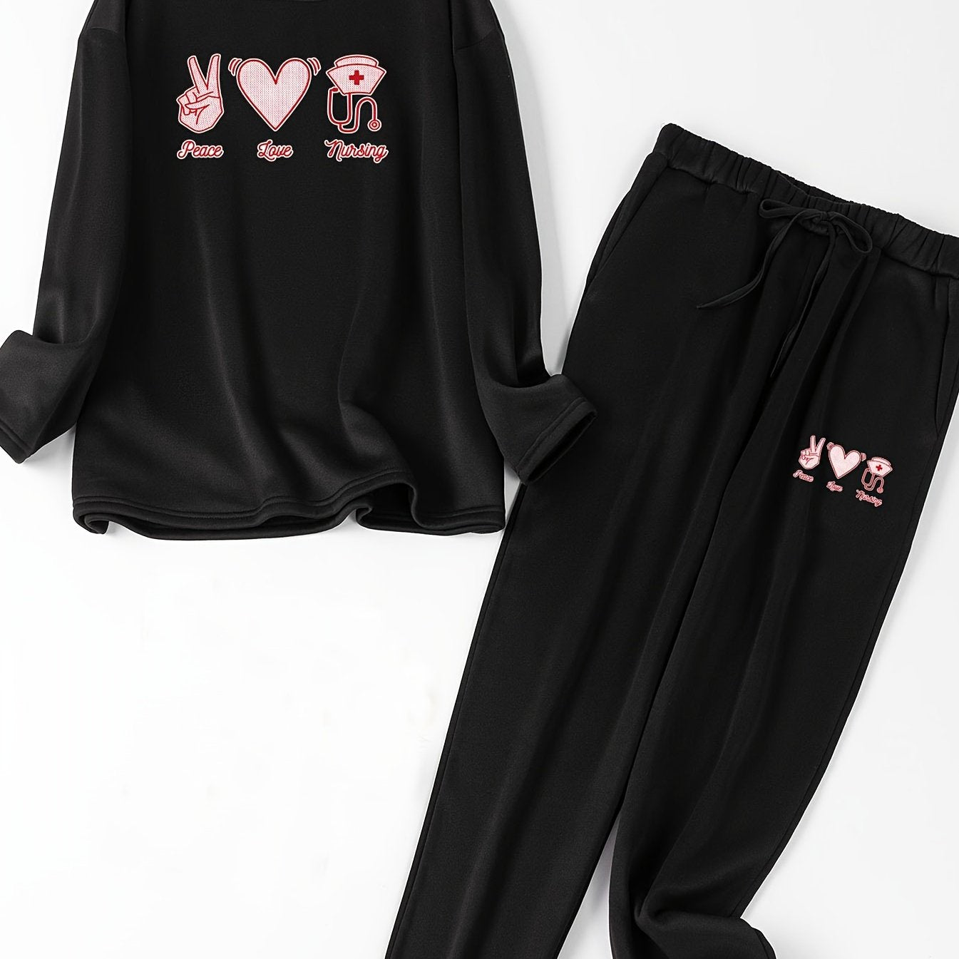 Heart Graphic Print Lounge Set Long Sleeve Top & Joggers Pajamas