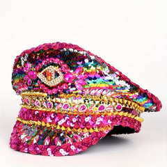 Glitter Red Military Hat Sequin Burning Man Captain Sergeant Hat Rhinestone Bach