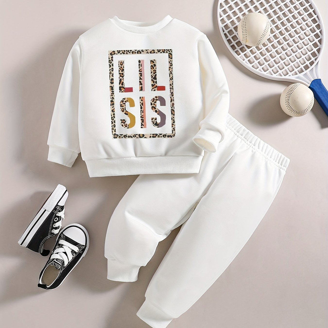 Baby Boy Stylish Outfit Leopard Letter Print Sweatshirt Pants Set
