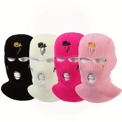 Unisex Thermal 3 Hole Knitted Mask with Flower Embroidery
