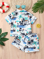 Baby Boys Coconut Tree Print Short Sleeve Shirt & Shorts Set for Summer