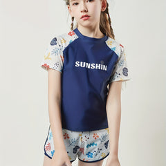 Girls Casual Splicing Cartoon Print 2pcs Swimsuit Set for Summer Sports