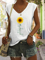Sunflower & Letter Print V Neck Tank Top Summer Sleeveless Tank