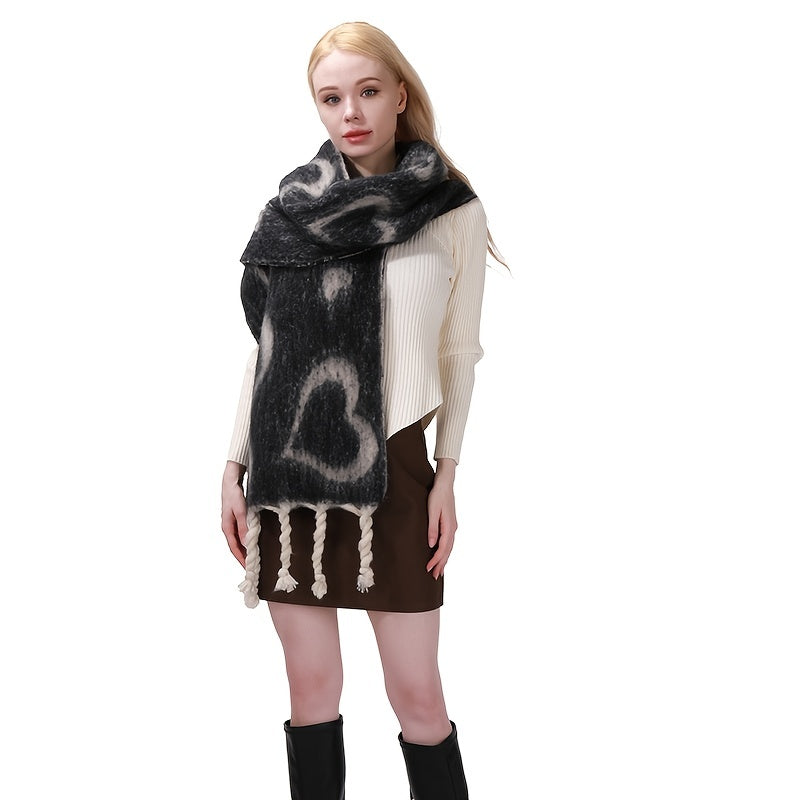 Women's Heart Pattern Scarf Winter Warm Classic Tassel Scarf