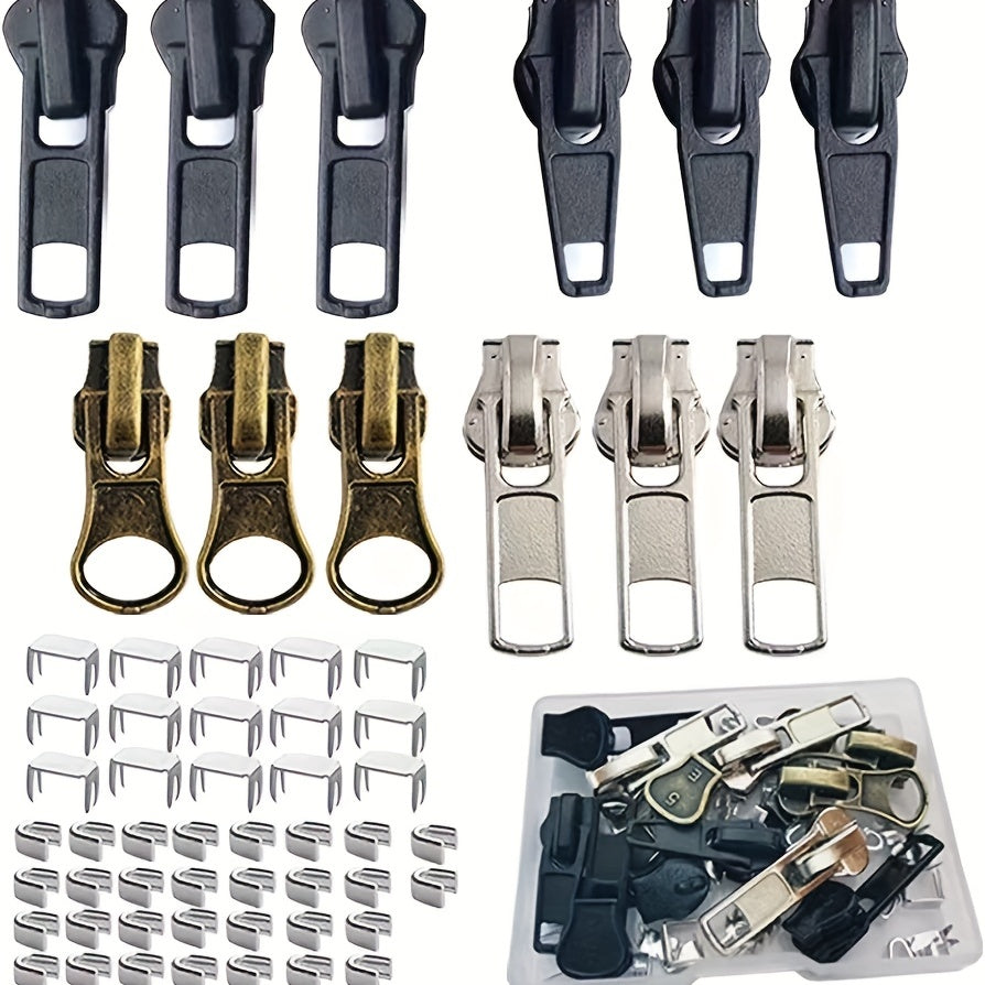 57pc Zipper Repair Kit for Coats Jackets Metal Plastic Nylon Zipper