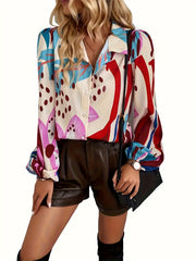 Blouse Women's Plus Random Print Button Up Lantern Sleeve Top