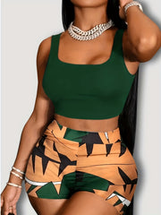 Sexy Slim 2pc Set Sleeveless Tank Top & Geo Print Shorts Outfits