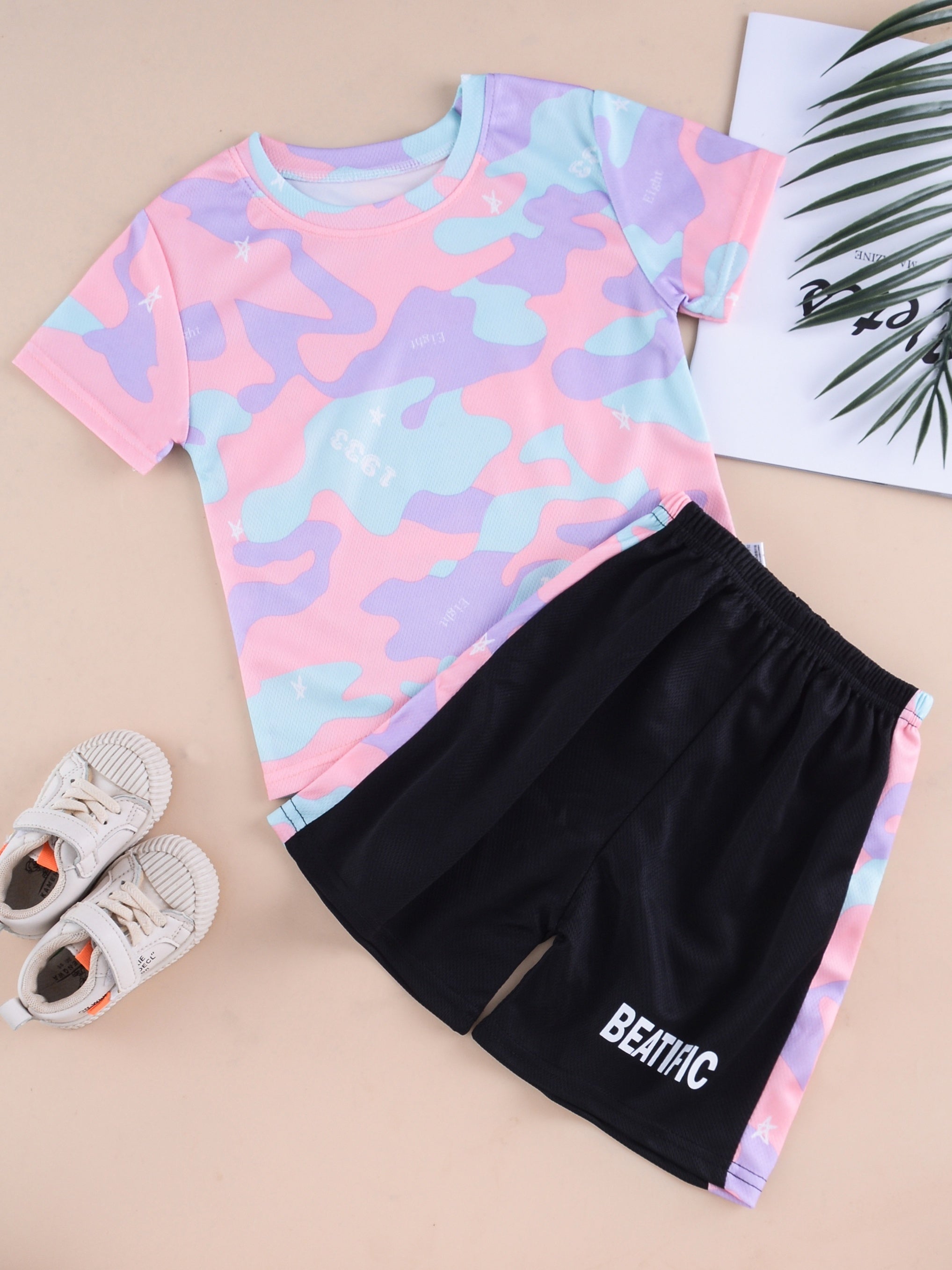 2pcs Toddler Girls Camo Graphic T Shirts & Shorts Set Kids Summer Clothes