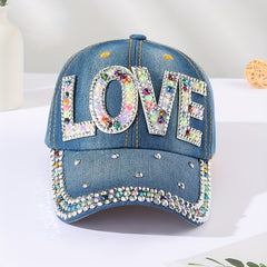 Rhinestone LOVE Patch Baseball Cap Denim Distressed Dad Hat