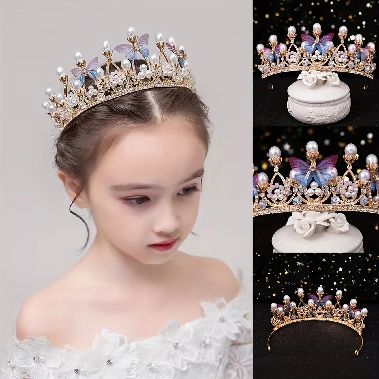 Butterfly Pearl Crown Headband Princess Costume Hair Accessories
