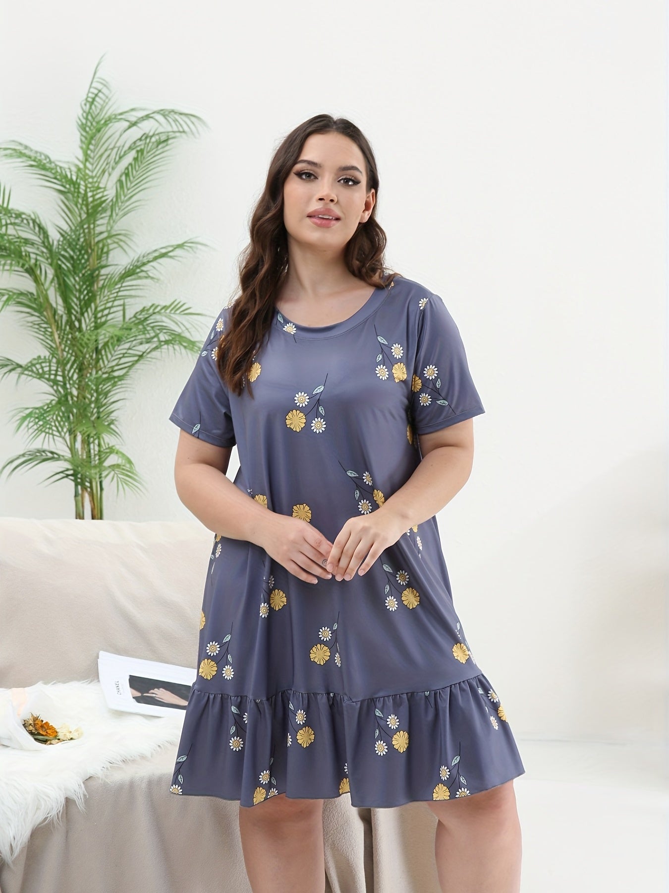 Floral Print Ruffle Trim Nightdress
