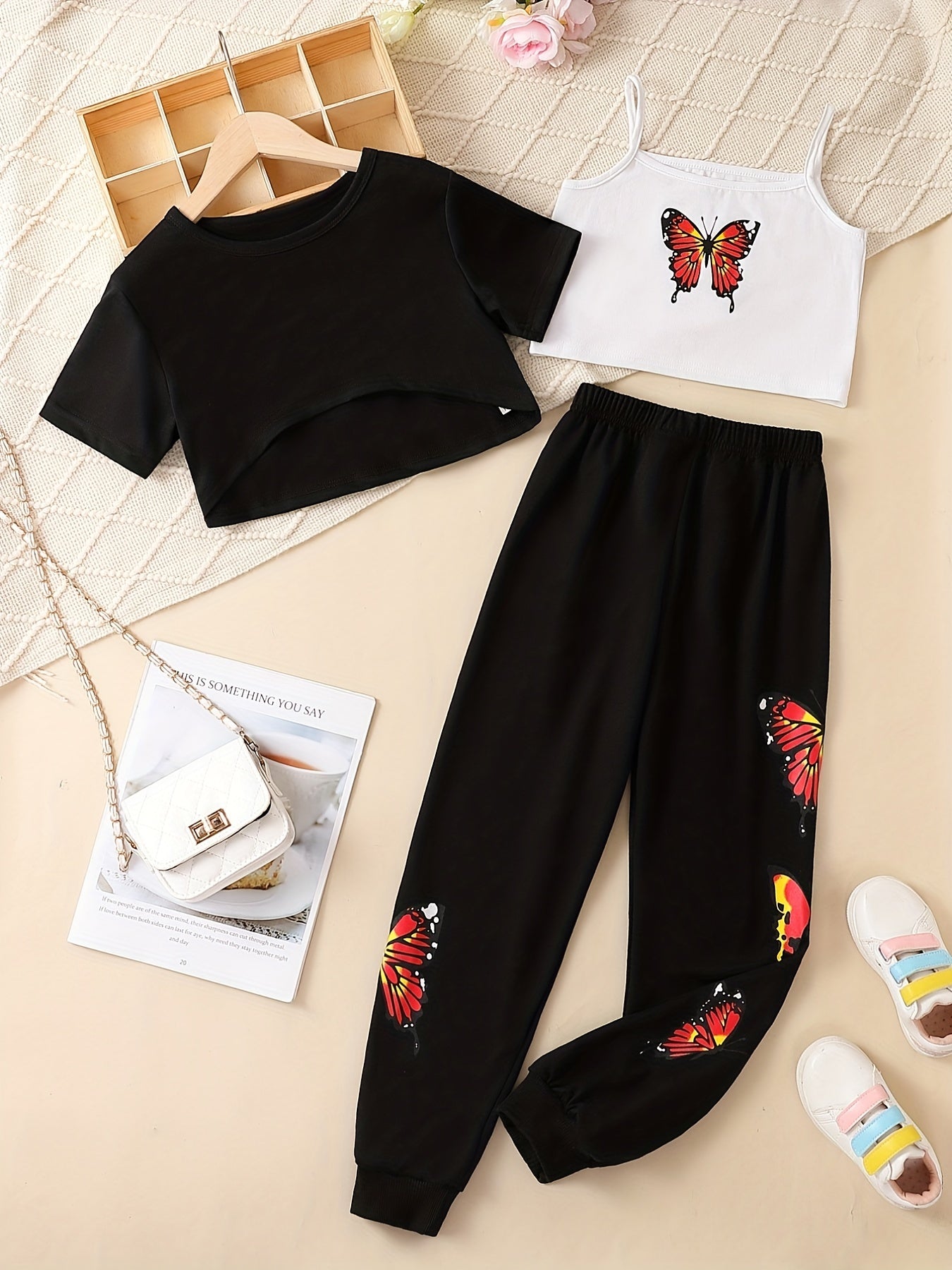 Girls 3pcs Casual Suit T Shirt & Camisole & Pants Set Kids Sports Leisure