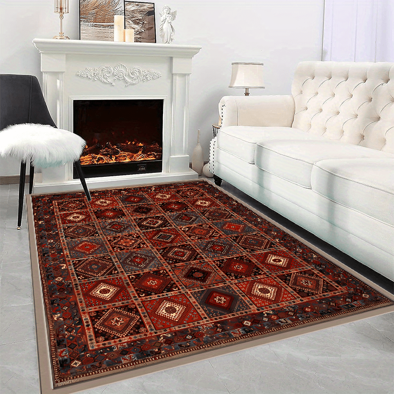 Bohemian Dark Red Pattern Large Area Carpet Non Slip Backing