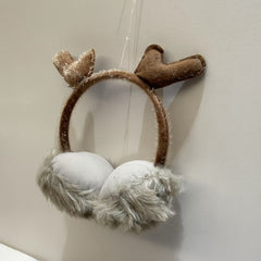 Christmas Earmuffs Brown Faux Fur Antlers Ear Warmers for Halloween