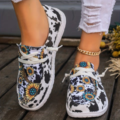 Sunflower & Dairy Cow Print Skate Shoes Lightweight Low Top Sport Shoes