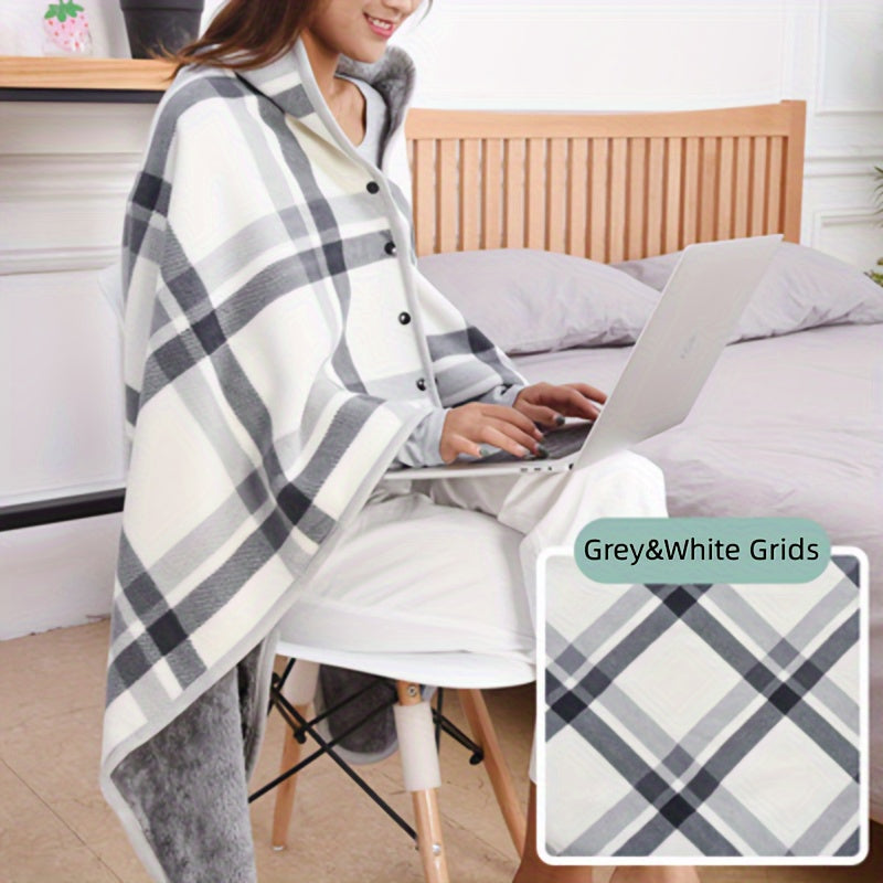 Multifunctional Shawl Blanket, Plaid Pattern Polar Fleece Wearable Blanket
