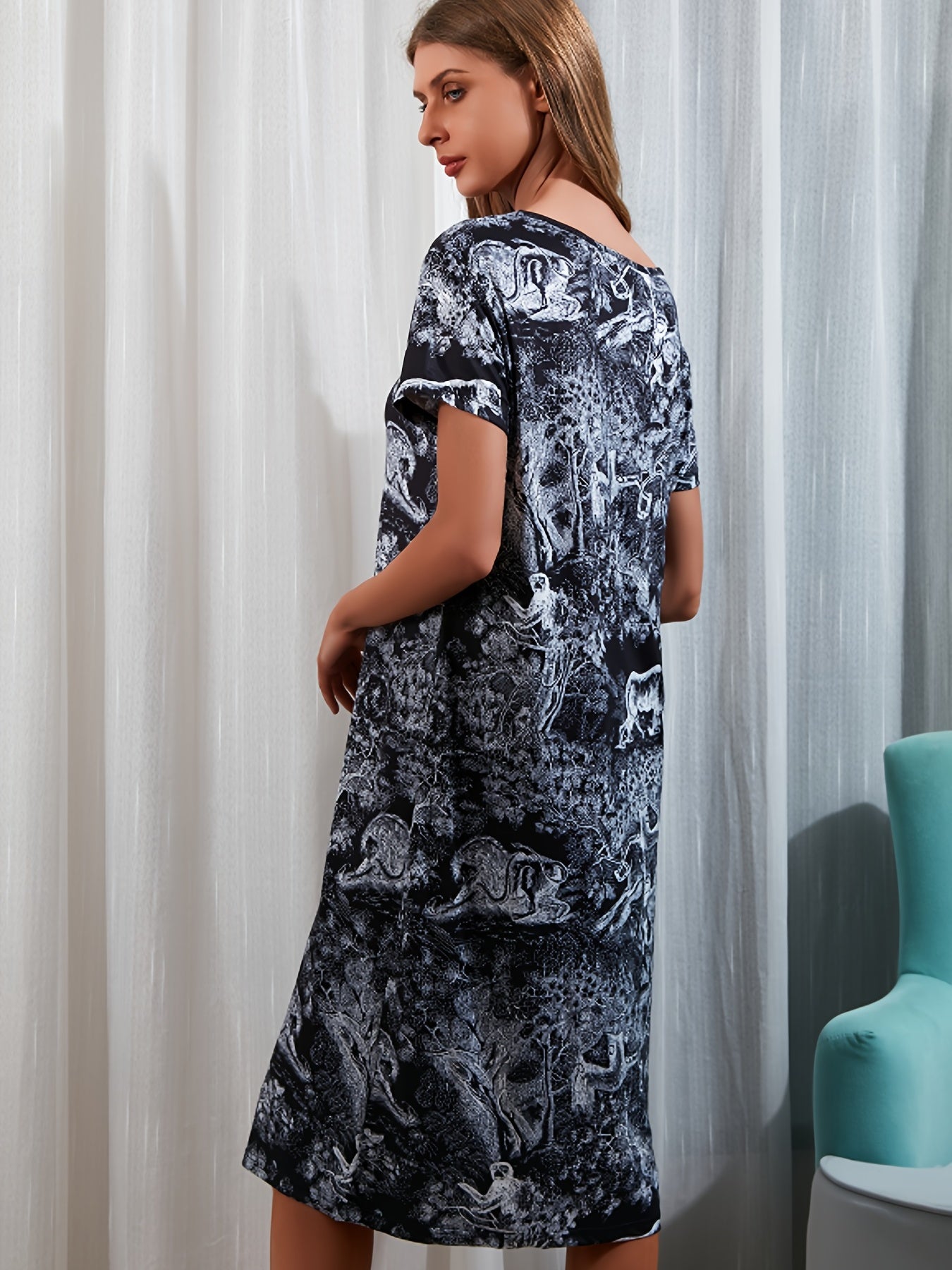 Comfy Crew Neck Short Sleeve Ink Print Lounge Dress