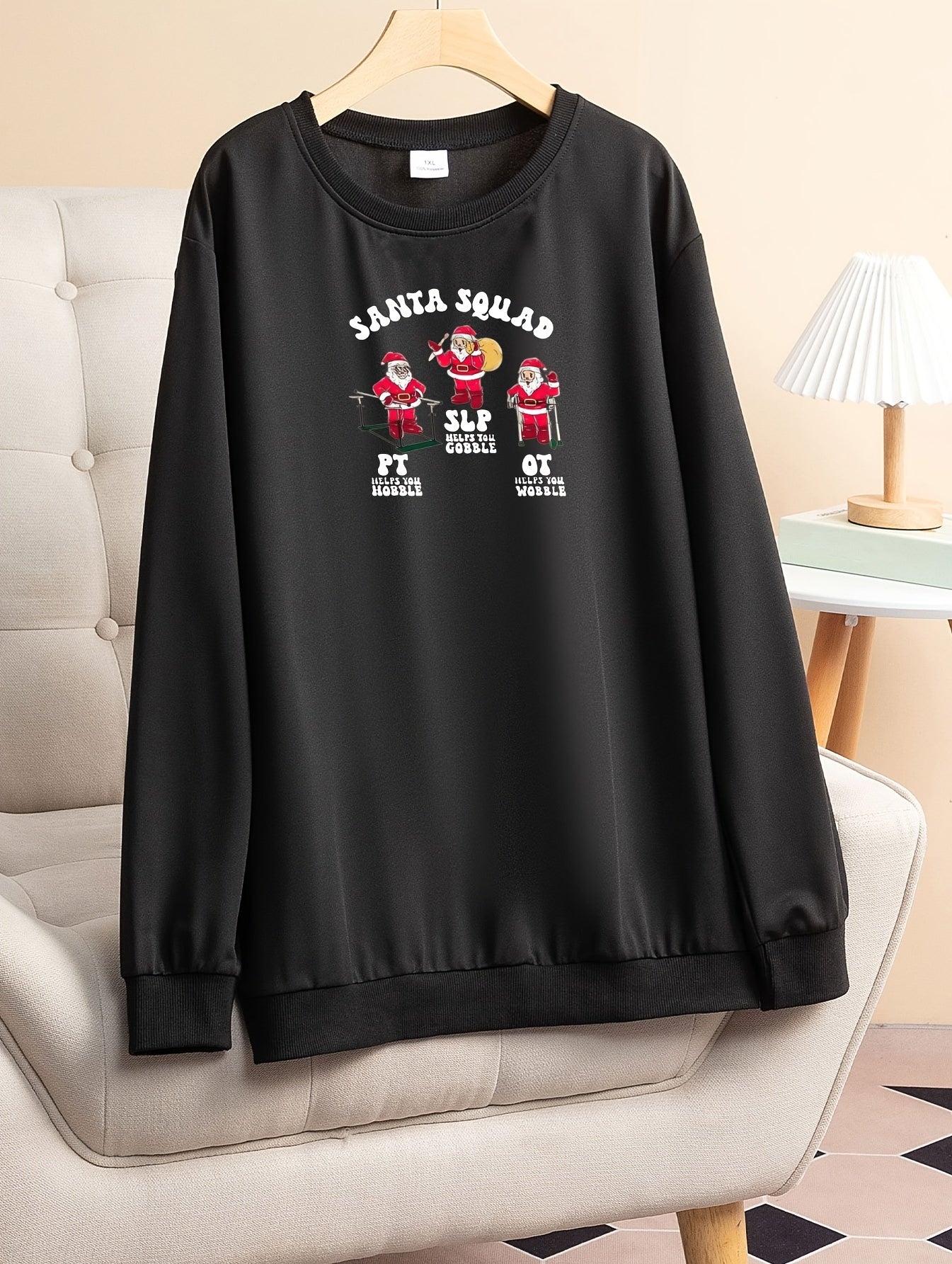 Christmas Lounge Top Women's Plus Santa Claus Print Long Sleeve