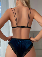 Velvet Bra & Panties Set Double Straps Lace Trim Lingerie Women's Underwear
