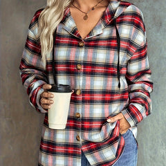 Plaid Print Long Sleeve Button Up Hoodie Drawstring Shirt Top
