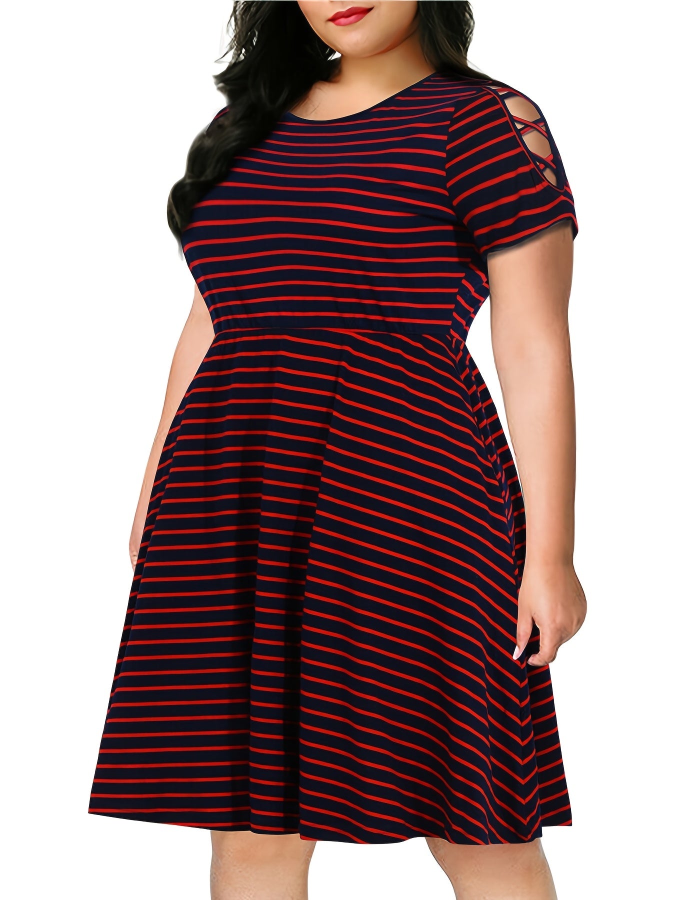 Strip Print Criss Cross Short Sleeve Midi Dress Women's Plus