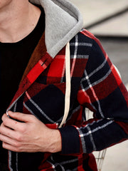 Men's Plaid Button Up Hooded Shirt Coat