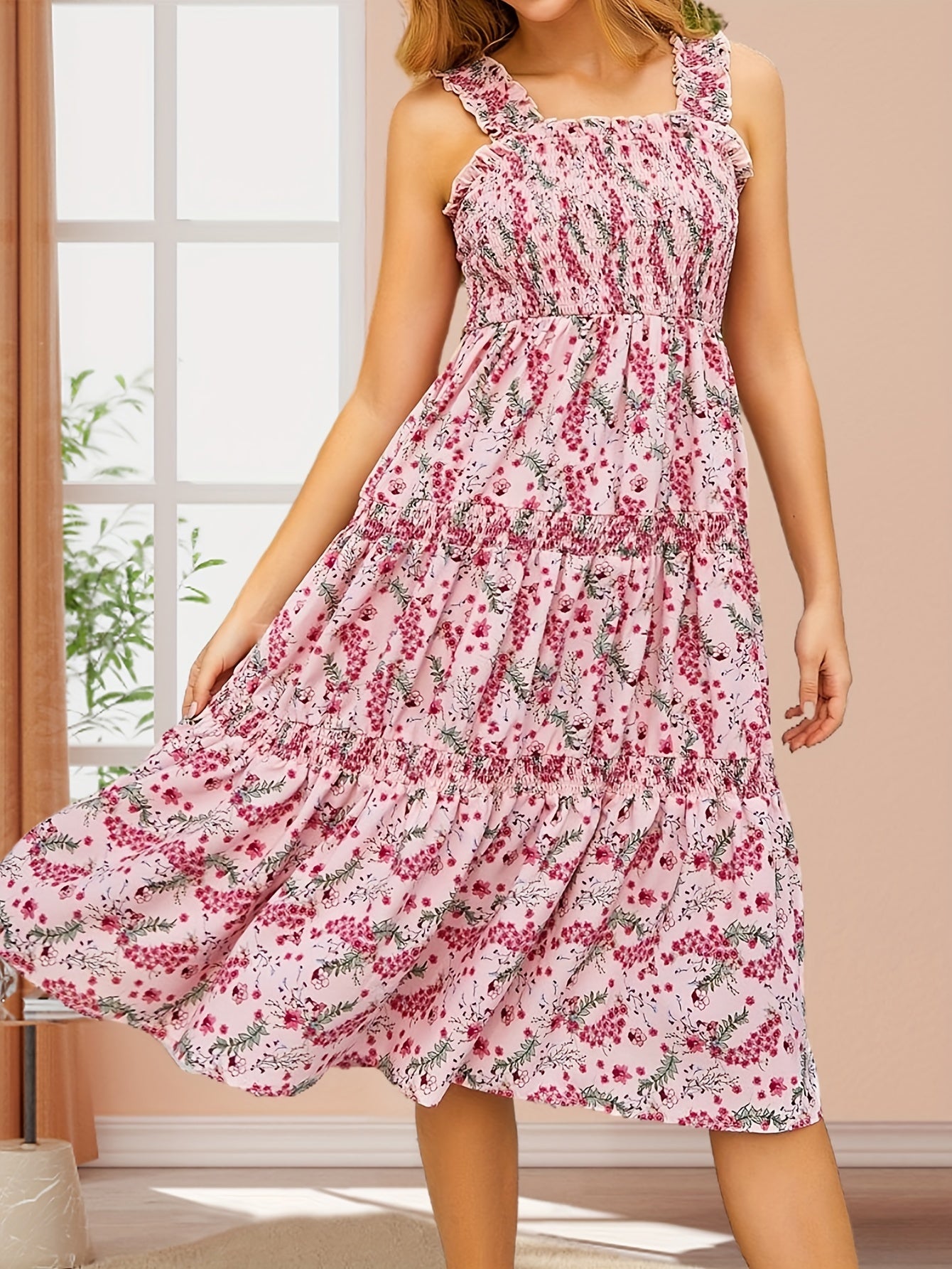 Floral Print Shirred Tank Dress for Spring & Summer