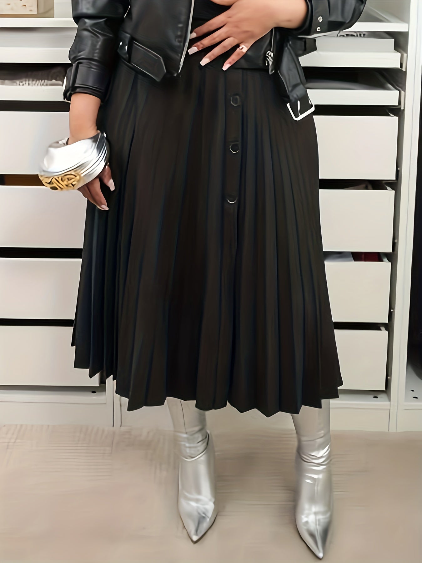 Solid Button Pleated Stretch Skirt