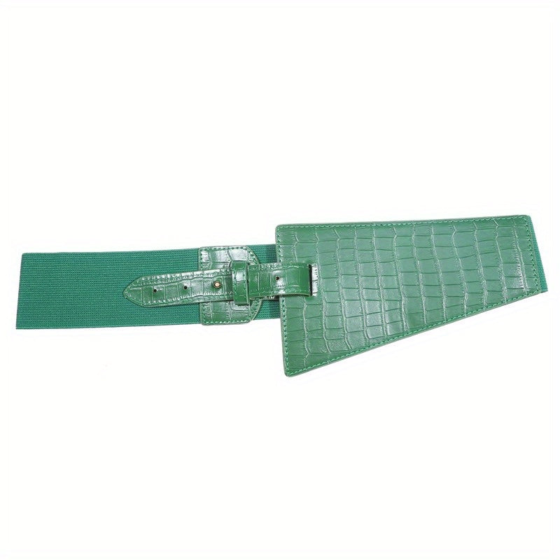 Plaid Embossed Wide Belt PU Leather Elastic Waistband for Women