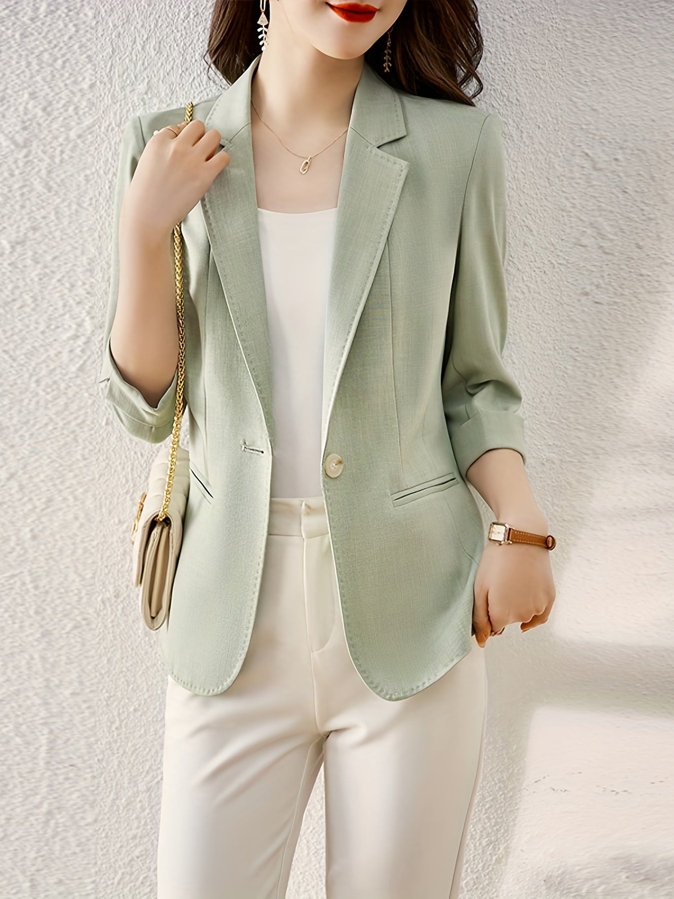 Button Front Blazer Lapel Roll-Up Sleeve Blazer