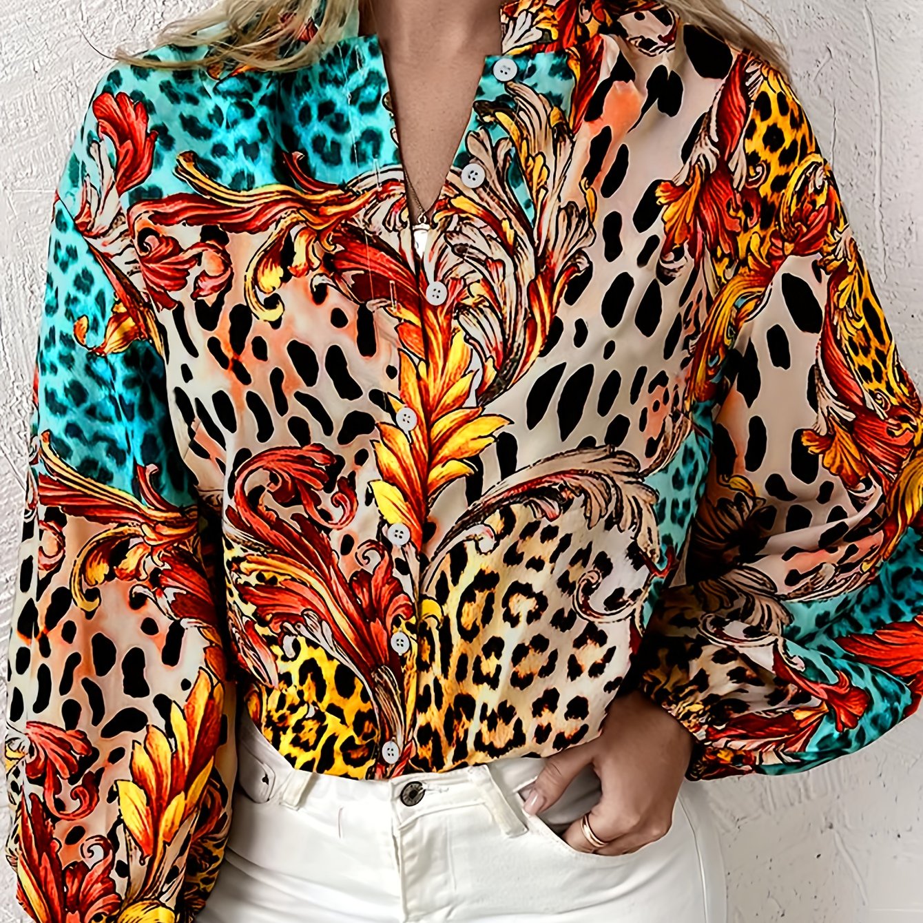 Baroque Print Lantern Sleeve Blouse