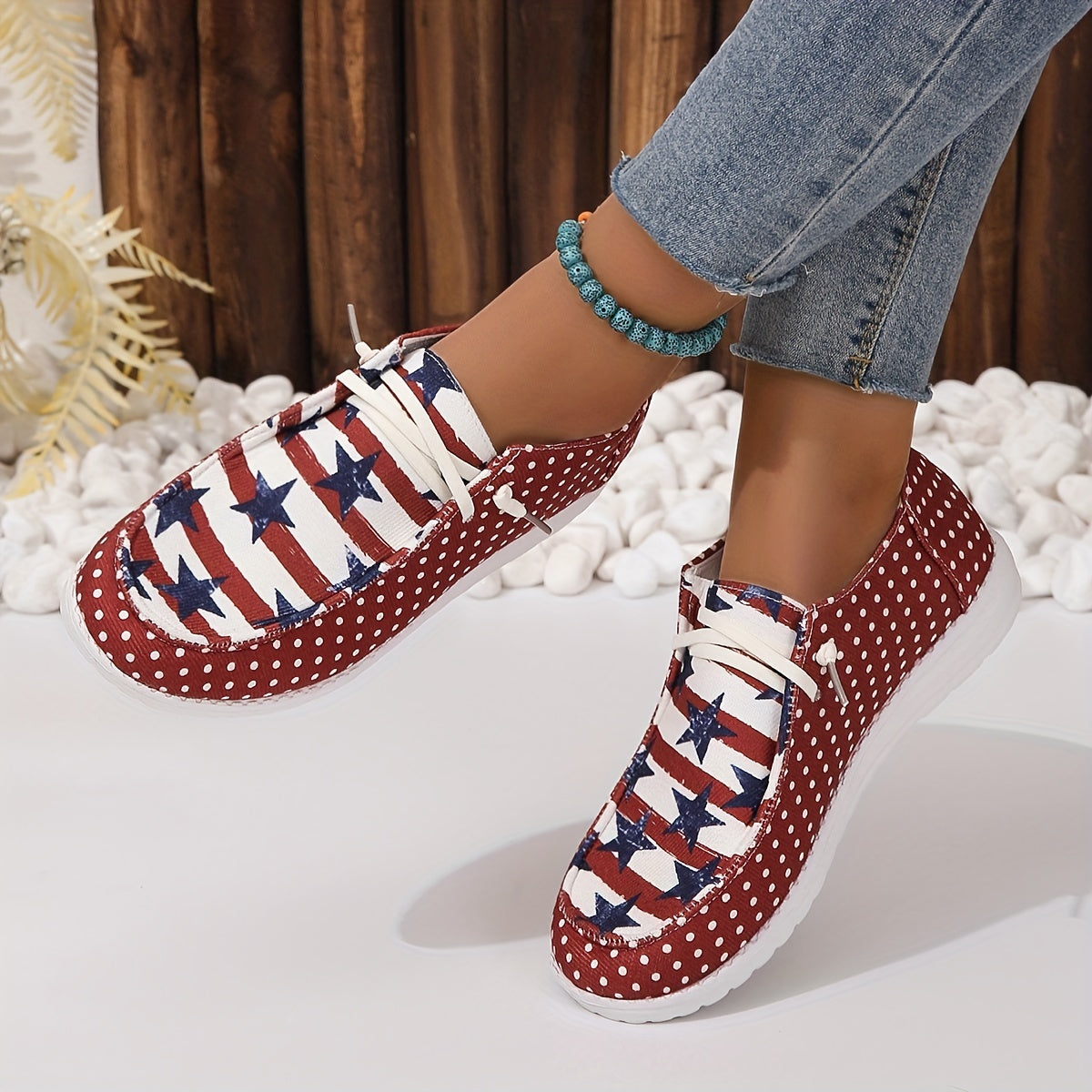 Women's Polka Dot & Star Pattern Canvas Shoes Casual Lace Up Outdoor Shoes