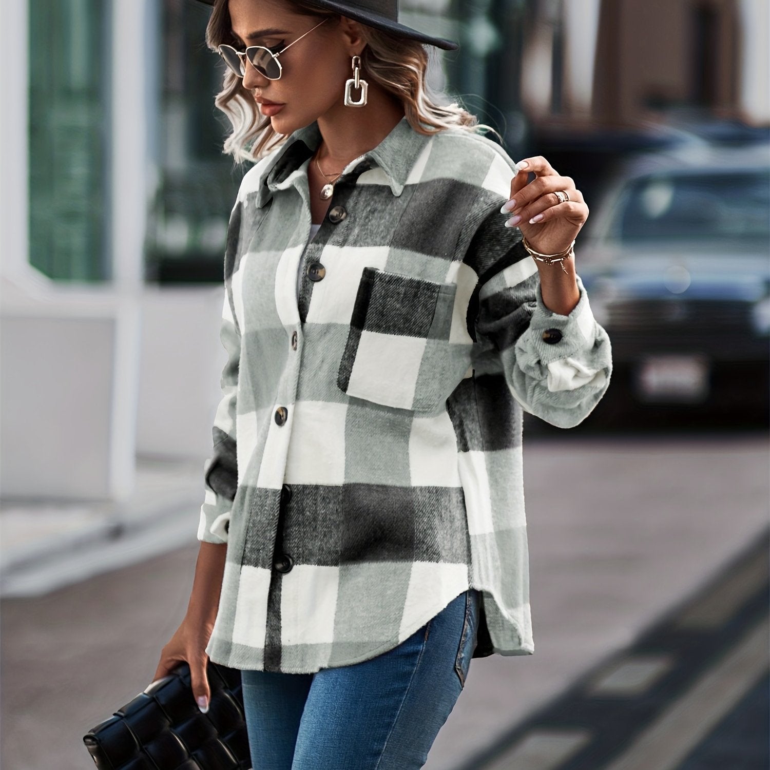 Plaid Print Shacket Jacket Collared Outerwear Women's Clothing