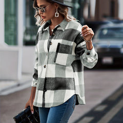 Plaid Print Shacket Jacket Collared Outerwear Women's Clothing