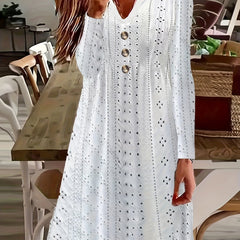 Casual Dress Women's Plus Solid Eyelet Embroidery Button Decor Dress