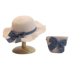 Girls Bow Decor Beach Straw Hat Sun Protection Sunshade Hat & Handbags Set