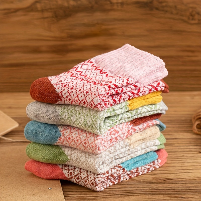 5 Pairs Geometric Pattern Colorblock Socks for Women