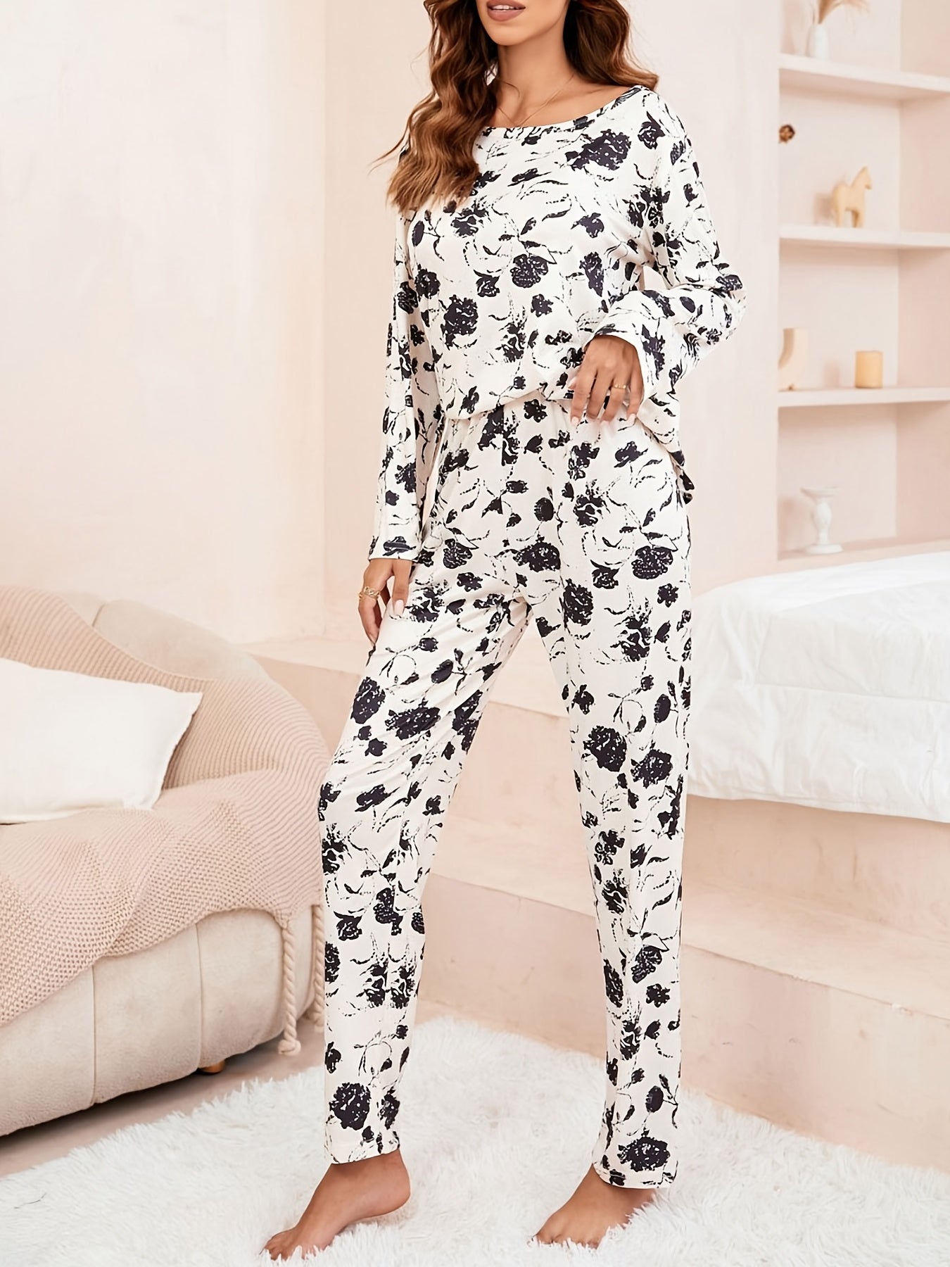 Rose Print Pajamas Set Long Sleeve Top & Pants