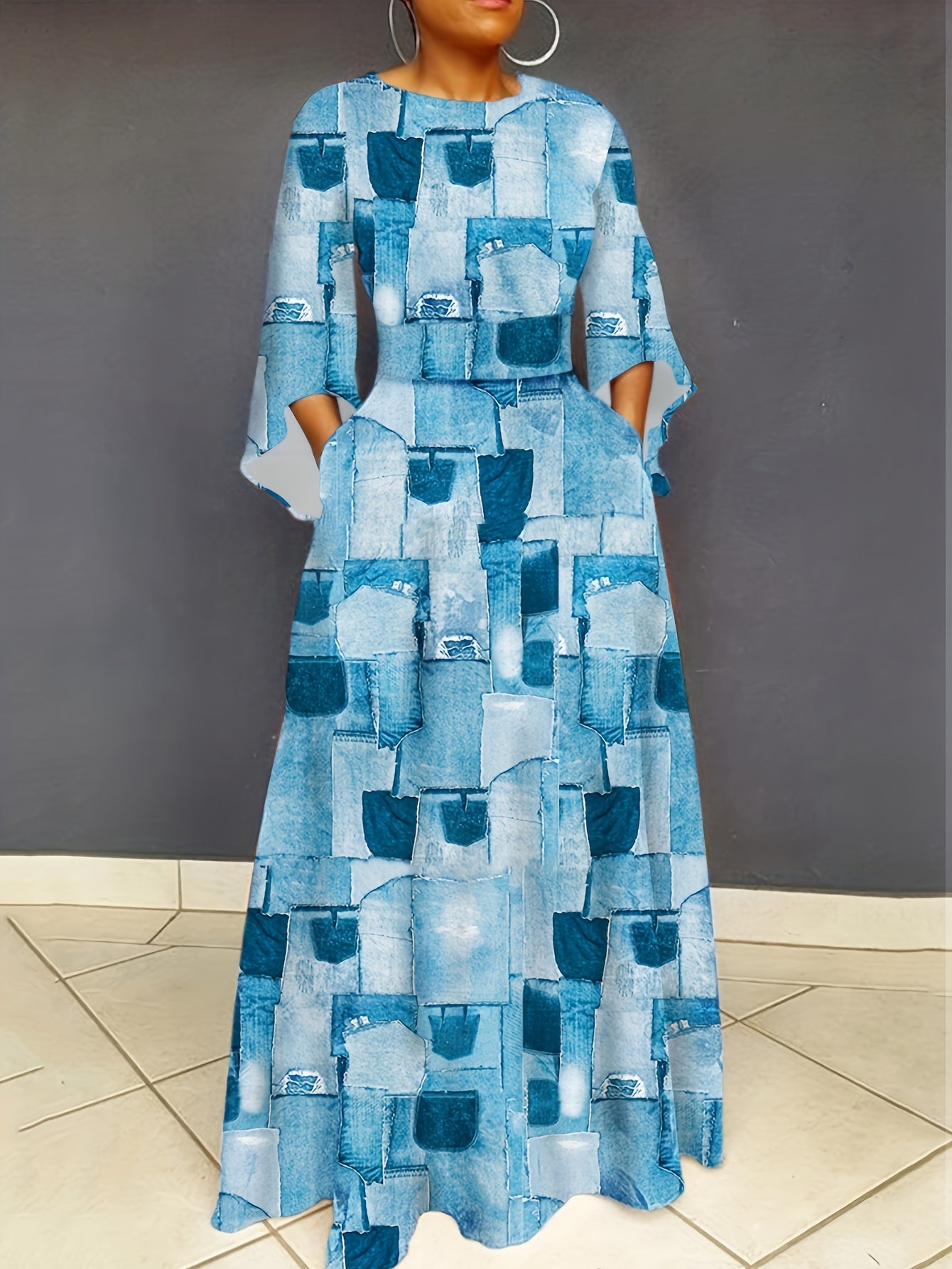 Chain Print Bell Sleeve Maxi Dress