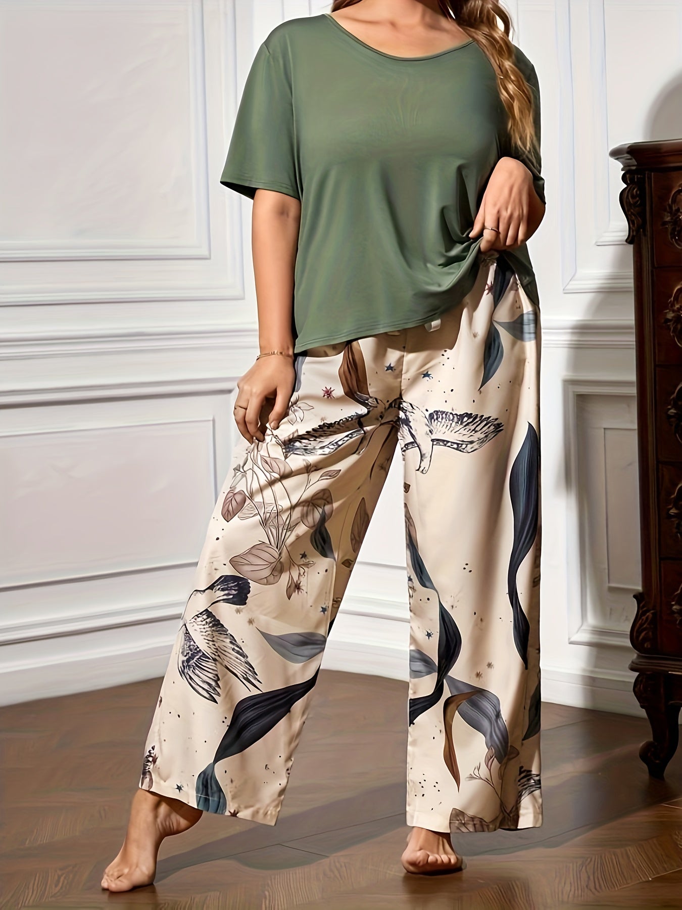 Floral Print Lounge Set Short Sleeve Top & Lace Up Pants Women's Loungewear