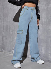 Y2K Style Baggy Cargo Pants Flap Pockets Denim Jeans