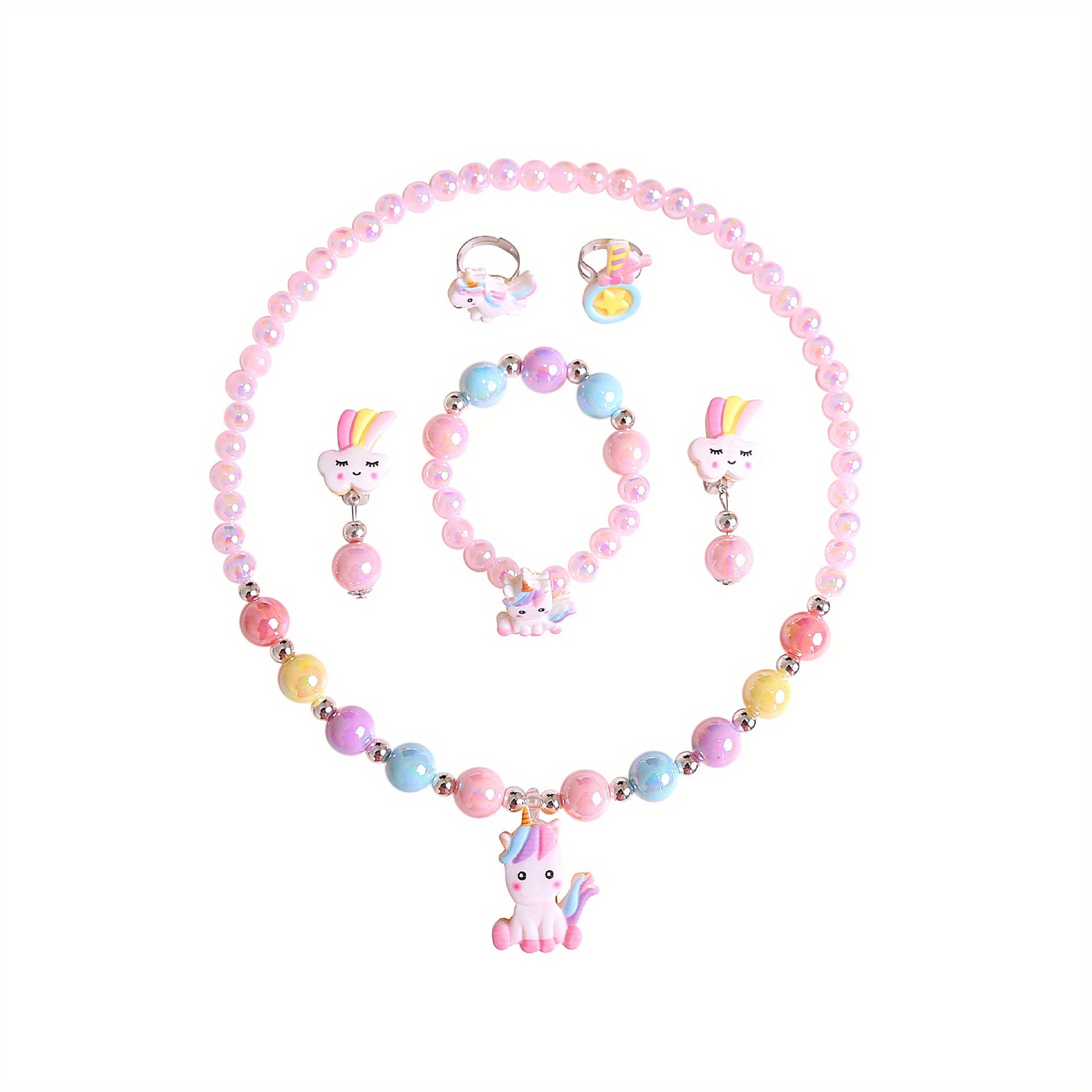 Unicorn Rainbow Jewelry Set for Kids - Earrings, Necklace, Bracelet, Ring