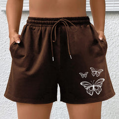 Sports Shorts Women's Plus Butterfly Print Elastic Drawstring H...