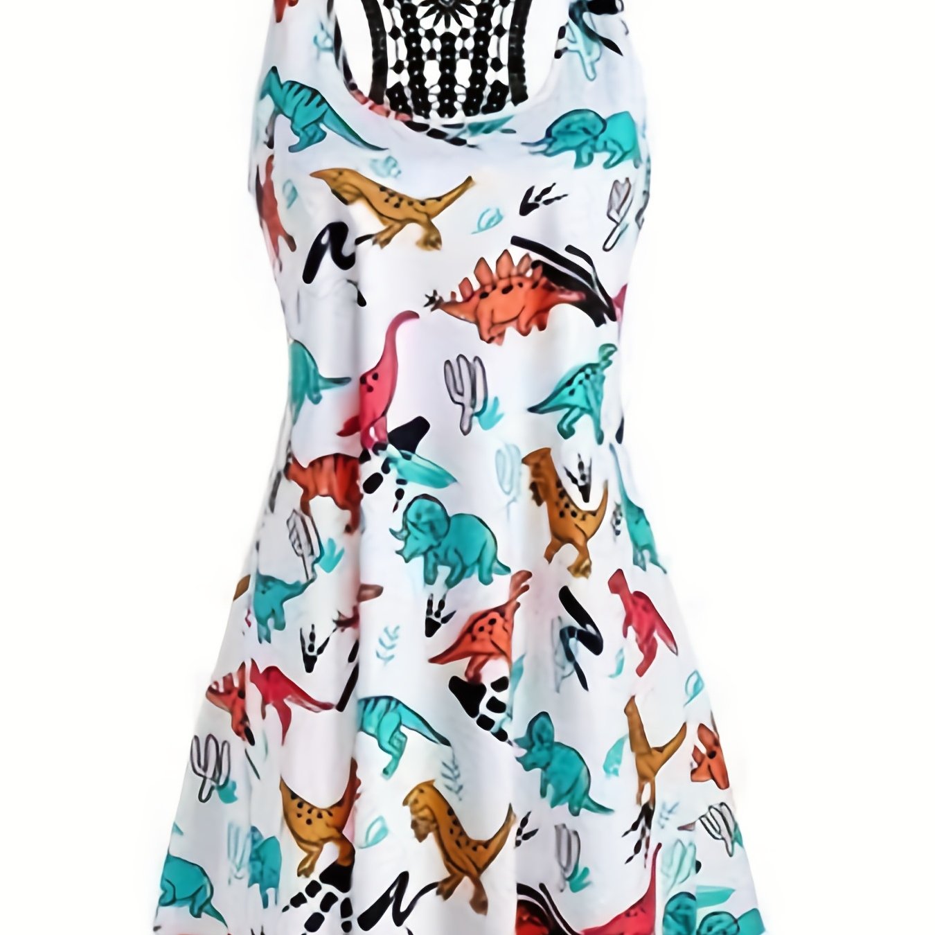 Dinosaur Print Casual Tank Dress with Lace Panel