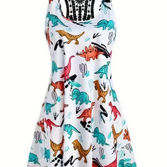 Dinosaur Print Casual Tank Dress with Lace Panel