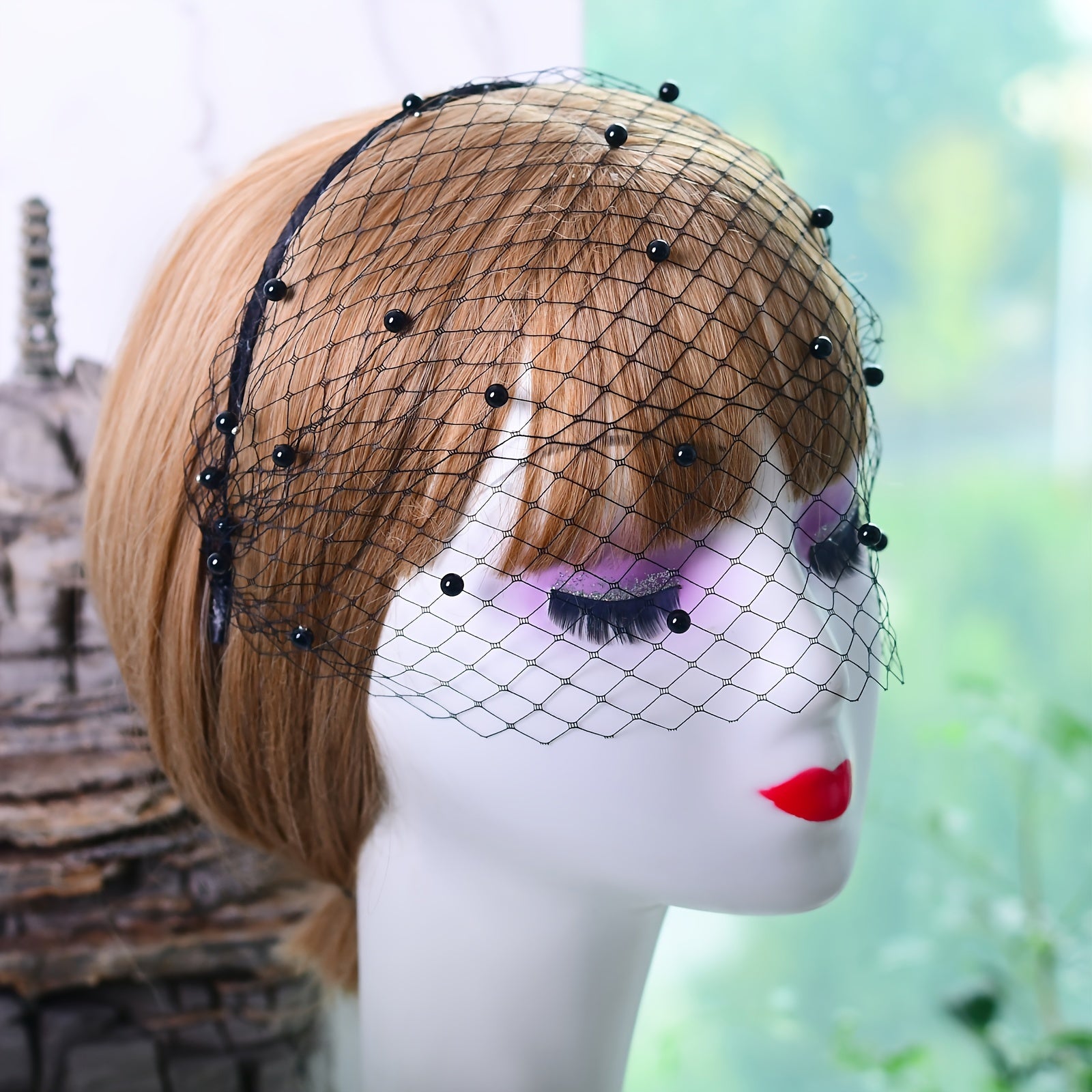Beaded & Faux Birdcage Veil Headband for Bridal Showers Weddings Parties