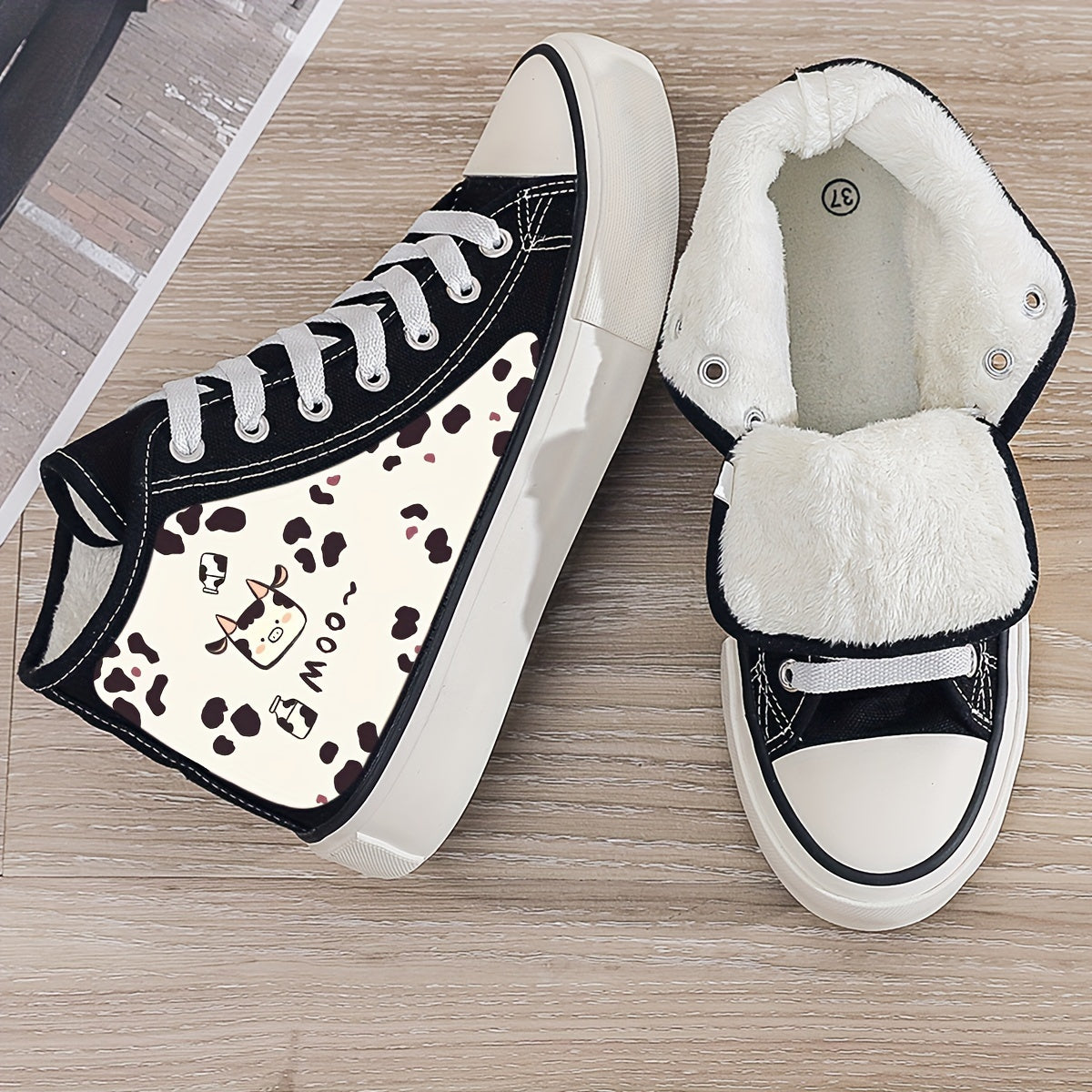 Cow Print Plush Lined Thermal Chunky Canvas Sneakers
